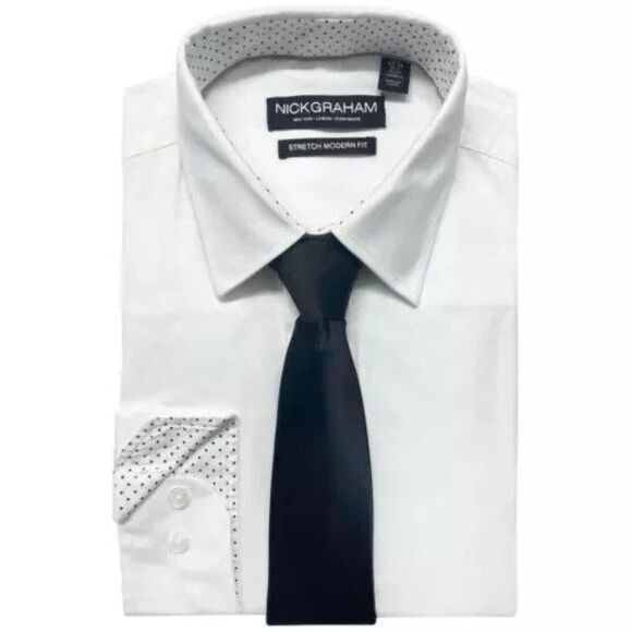 Nick Graham Men's Stretch Collared Button-Down Shirt, White, &Tie 16-16.5/32-33 - Picture 2 of 5
